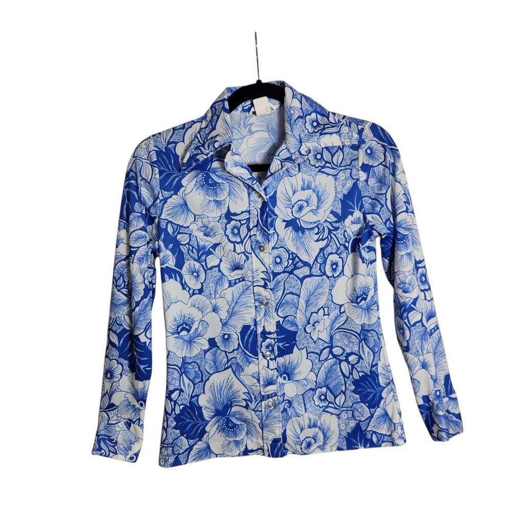 Vintage TBK Blue White Floral Button Down Shirt Long Sleeve Retro 70s Style